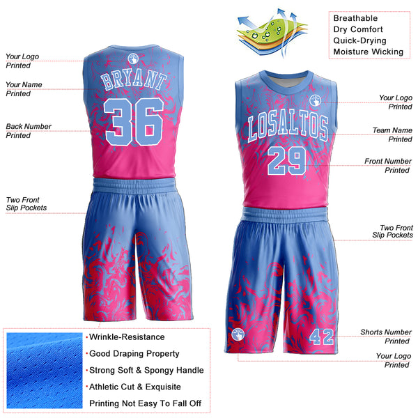 Custom Light Blue Pink-White Round Neck Sublimation Basketball Suit Jersey