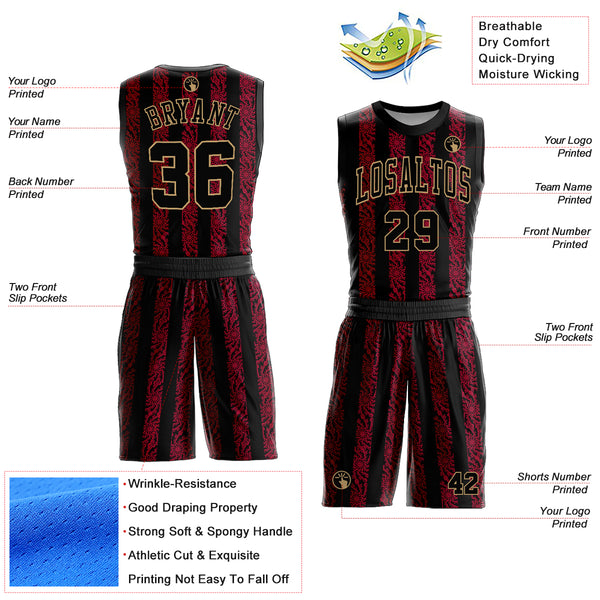 Custom Red Black-Old Gold Round Neck Sublimation Basketball Suit Jersey