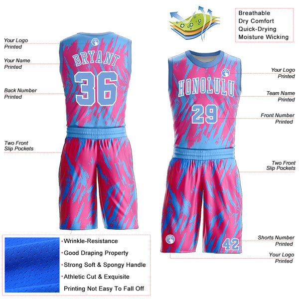 Custom Pink Light Blue-White Round Neck Sublimation Basketball Suit Jersey