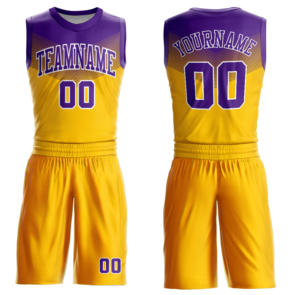 Custom Gold Purple-White Round Neck Sublimation Basketball Suit Jersey