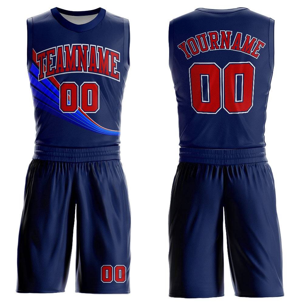 Custom Navy Red-White Round Neck Sublimation Basketball Suit Jersey