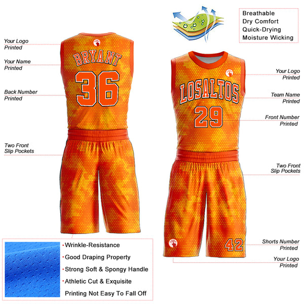 Custom Gold Orange Black-White Round Neck Sublimation Basketball Suit Jersey