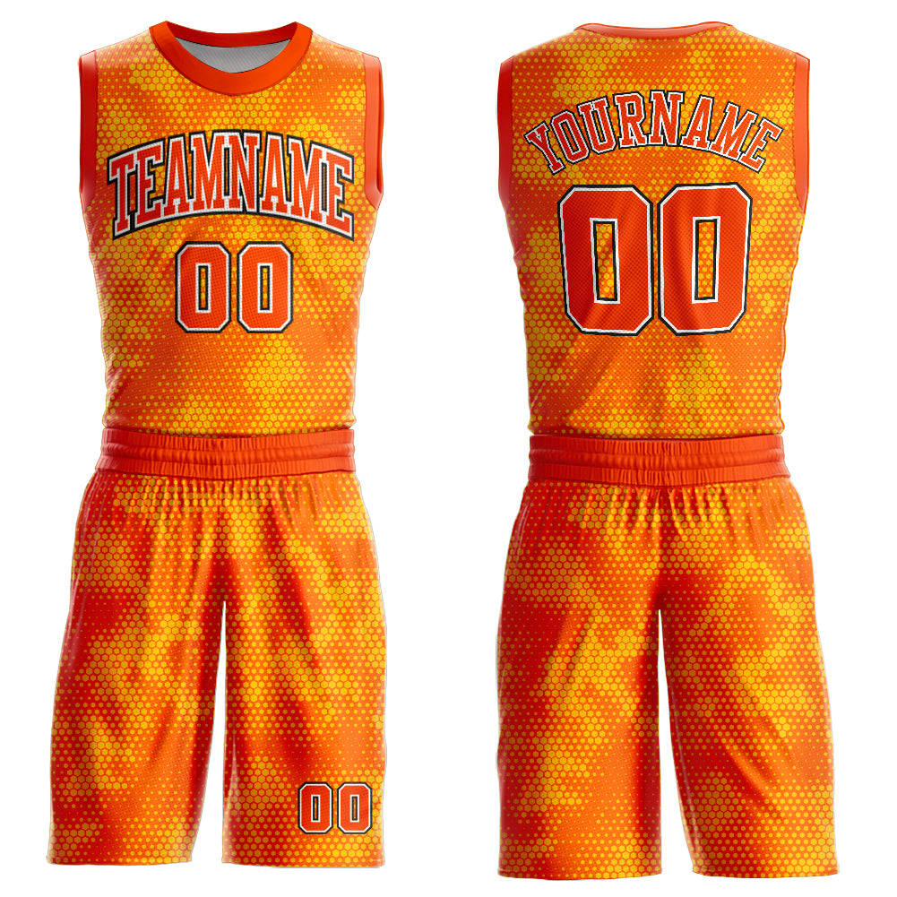 Custom Gold Orange Black-White Round Neck Sublimation Basketball Suit Jersey