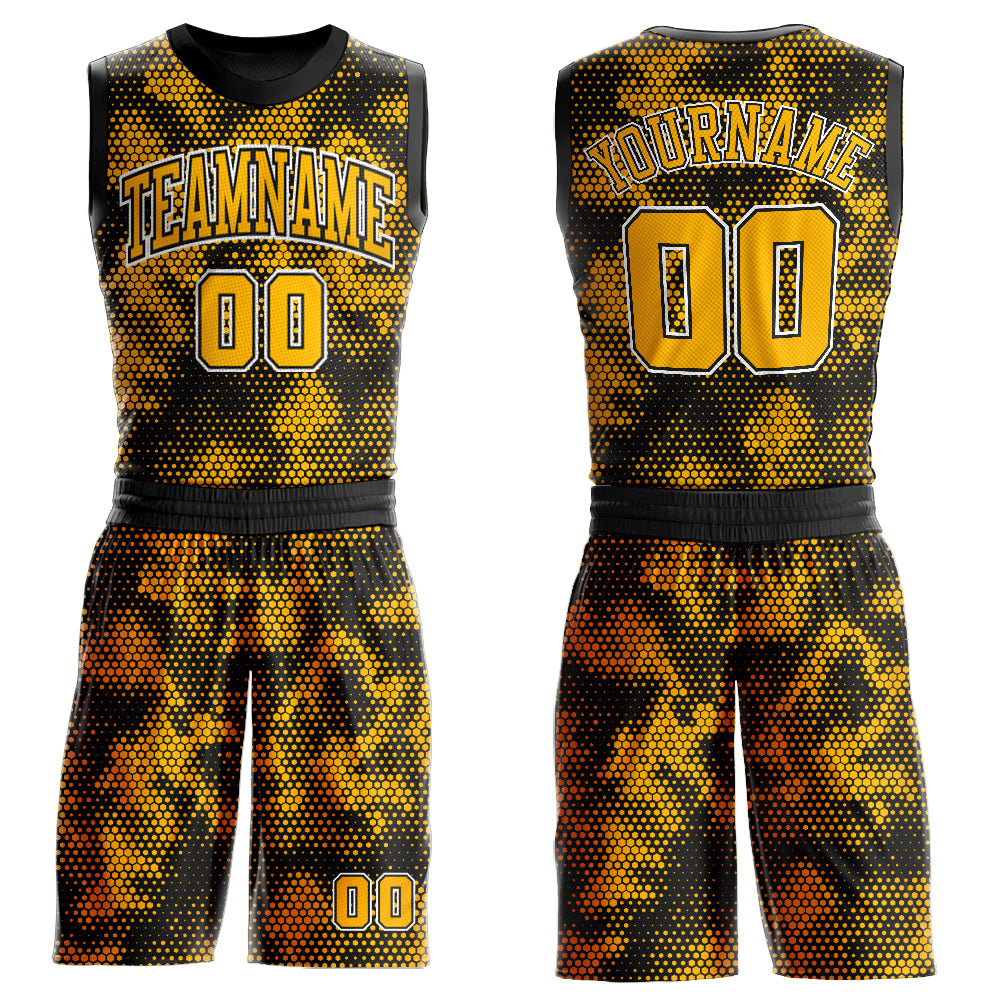 Custom Black Gold-White Round Neck Sublimation Basketball Suit Jersey