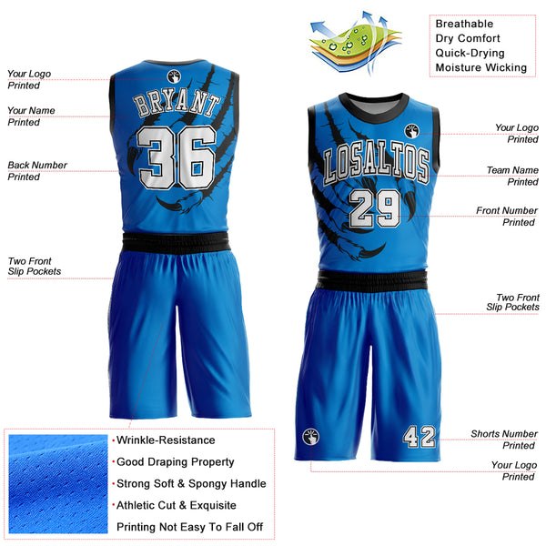 Custom Blue White-Black Animals Claws Round Neck Sublimation Basketball Suit Jersey