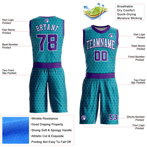 Custom Teal Purple-White Round Neck Sublimation Basketball Suit Jersey