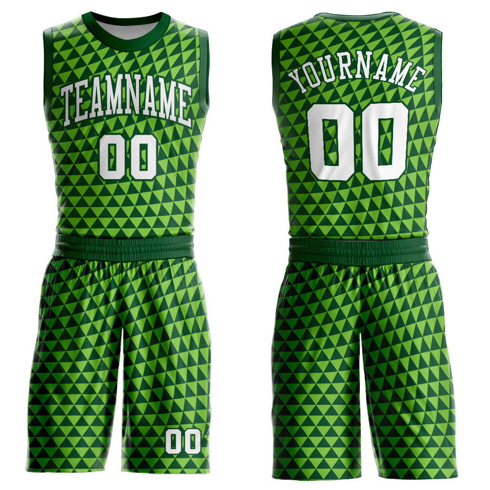 Custom Green White-Neon Green Triangle Shapes Round Neck Sublimation Basketball Suit Jersey