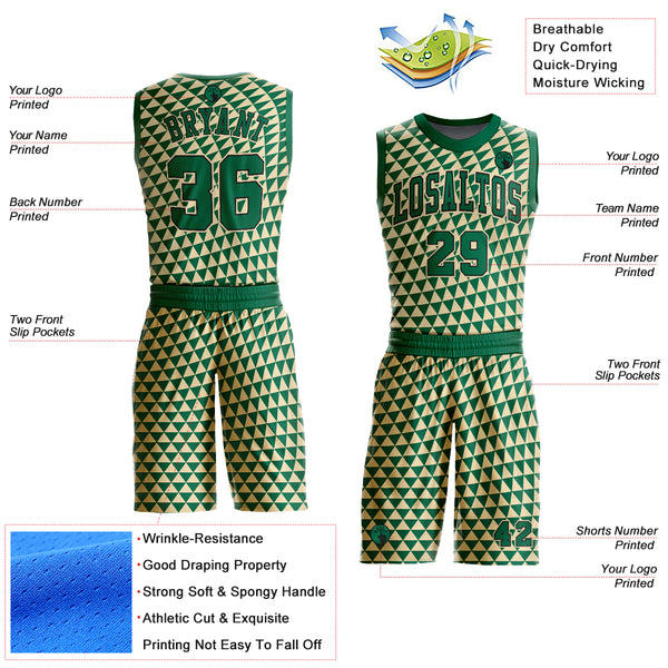 Custom Cream Kelly Green-Black Triangle Shapes Round Neck Sublimation Basketball Suit Jersey