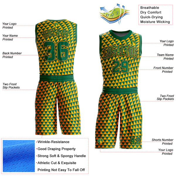 Custom Gold Kelly Green-Black Triangle Shapes Round Neck Sublimation Basketball Suit Jersey