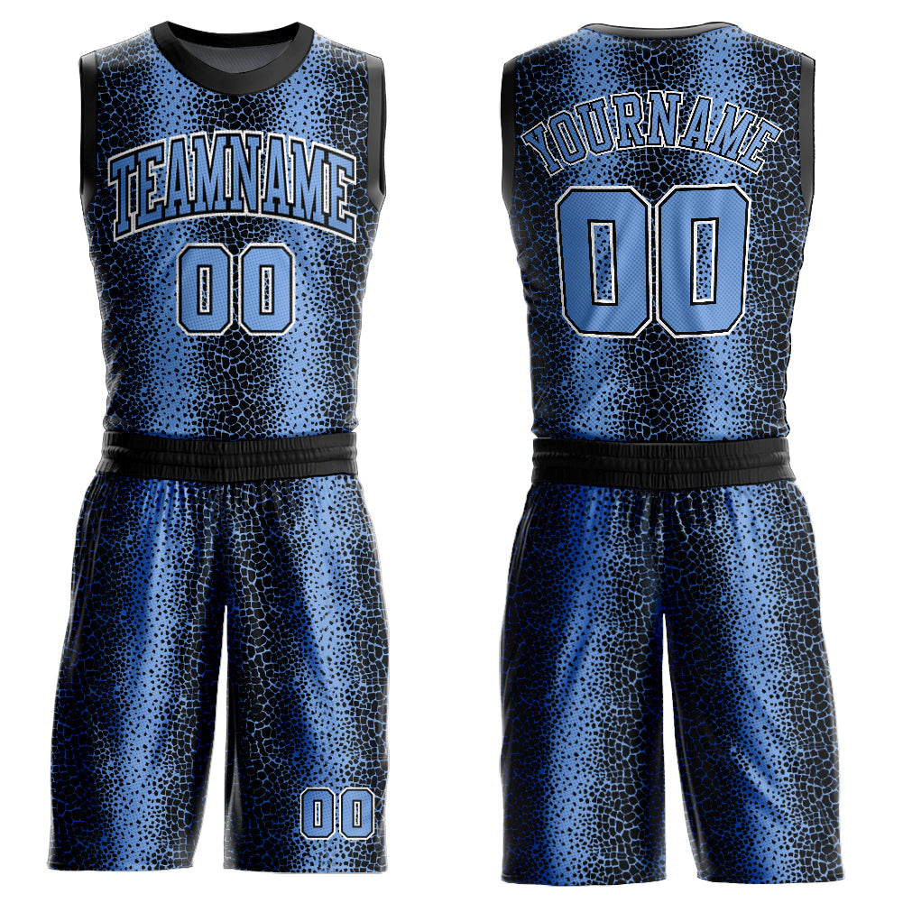 Custom Black Light Blue-White Animal Fur Print Round Neck Sublimation Basketball Suit Jersey