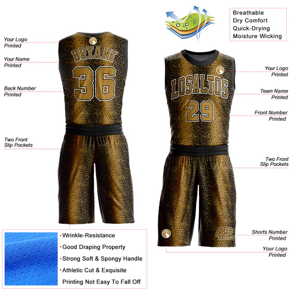 Custom Black Old Gold-White Animal Fur Print Round Neck Sublimation Basketball Suit Jersey