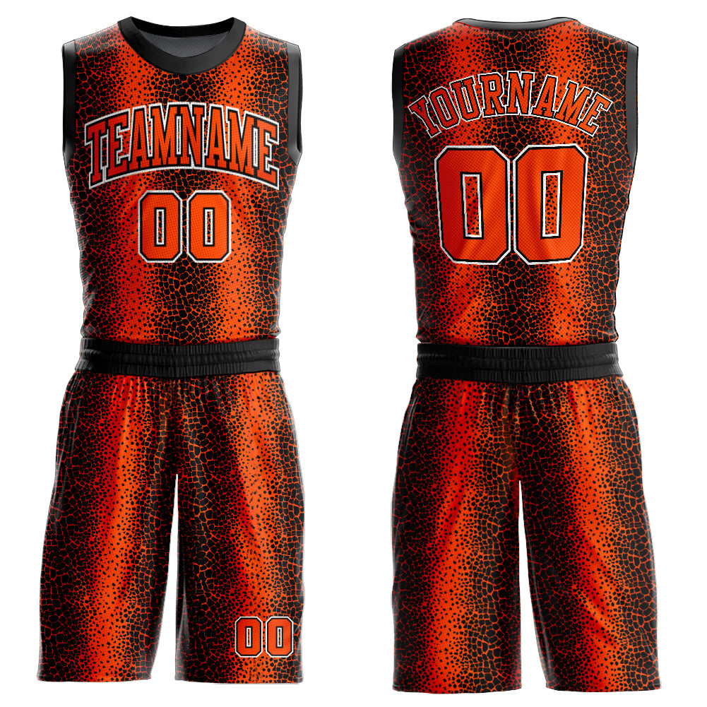 Custom Black Orange-White Animal Fur Print Round Neck Sublimation Basketball Suit Jersey