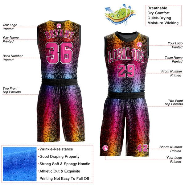 Custom Black Pink-Gold Animal Fur Print Round Neck Sublimation Basketball Suit Jersey