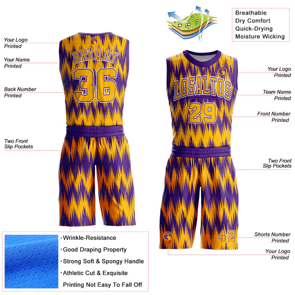 Custom Purple Gold-White Round Neck Sublimation Basketball Suit Jersey
