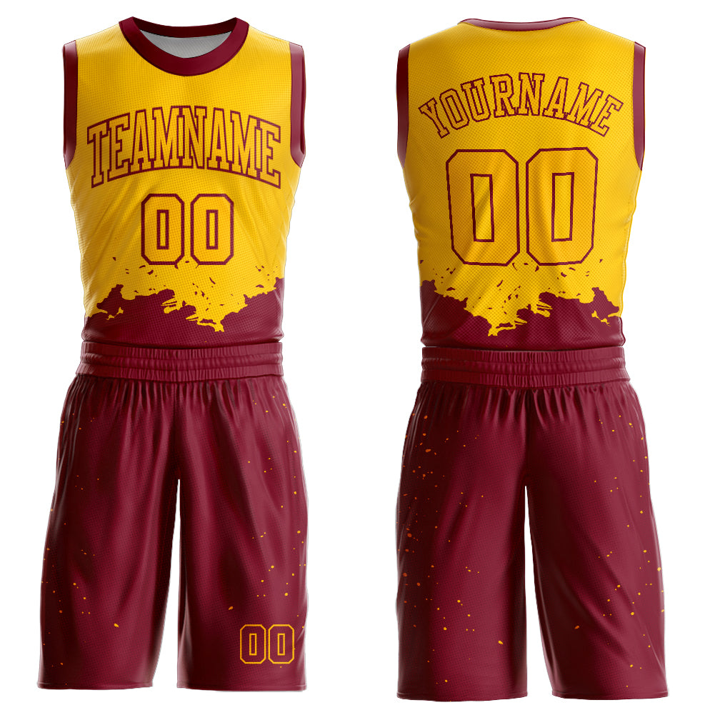 Custom Yellow Maroon Color Splash Round Neck Sublimation Basketball Suit Jersey