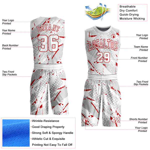 Custom White Red Bright Lines Round Neck Sublimation Basketball Suit Jersey