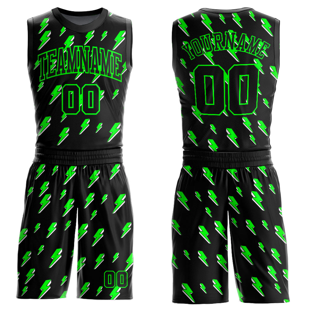 Custom Black Neon Green Lightning Shapes Round Neck Sublimation Basketball Suit Jersey