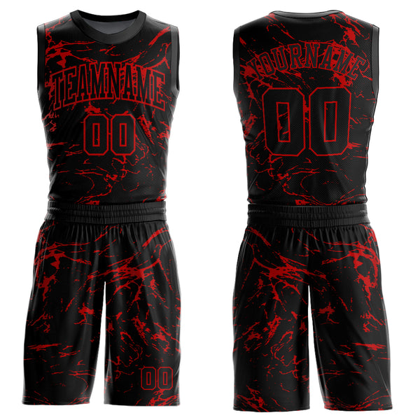 Custom Black Red Abstract Grunge Art Round Neck Sublimation Basketball Suit Jersey