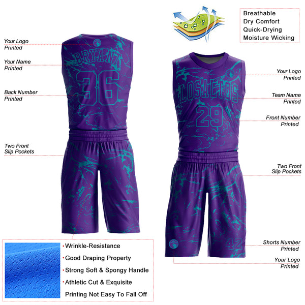 Custom Purple Teal Abstract Grunge Art Round Neck Sublimation Basketball Suit Jersey