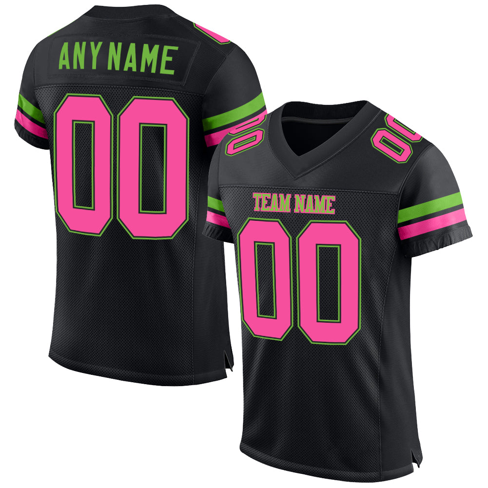 Custom Black Pink-Neon Green Mesh Authentic Football Jersey