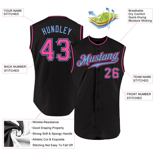 Custom Black Pink-Light Blue Authentic Sleeveless Baseball Jersey