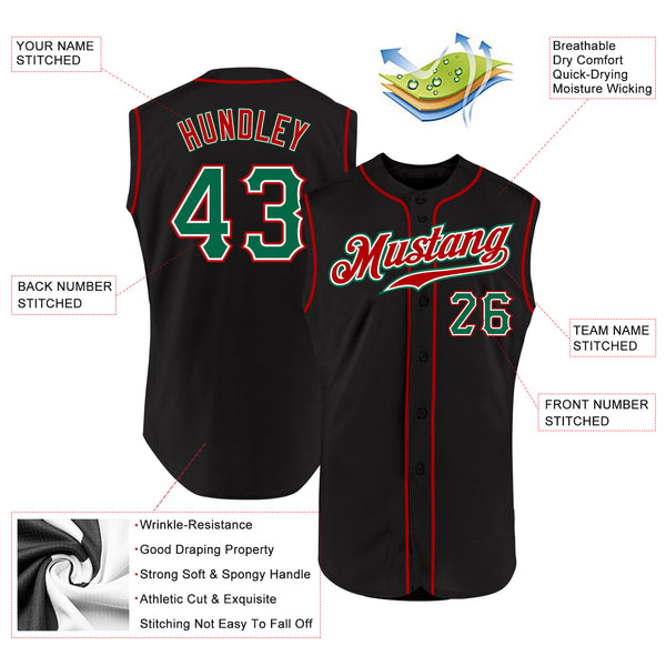 Custom Black Kelly Green-Red Authentic Sleeveless Baseball Jersey