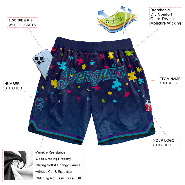 Custom Black Navy-Teal 3D Pattern Design Autism Awareness Puzzle Pieces Authentic Basketball Shorts