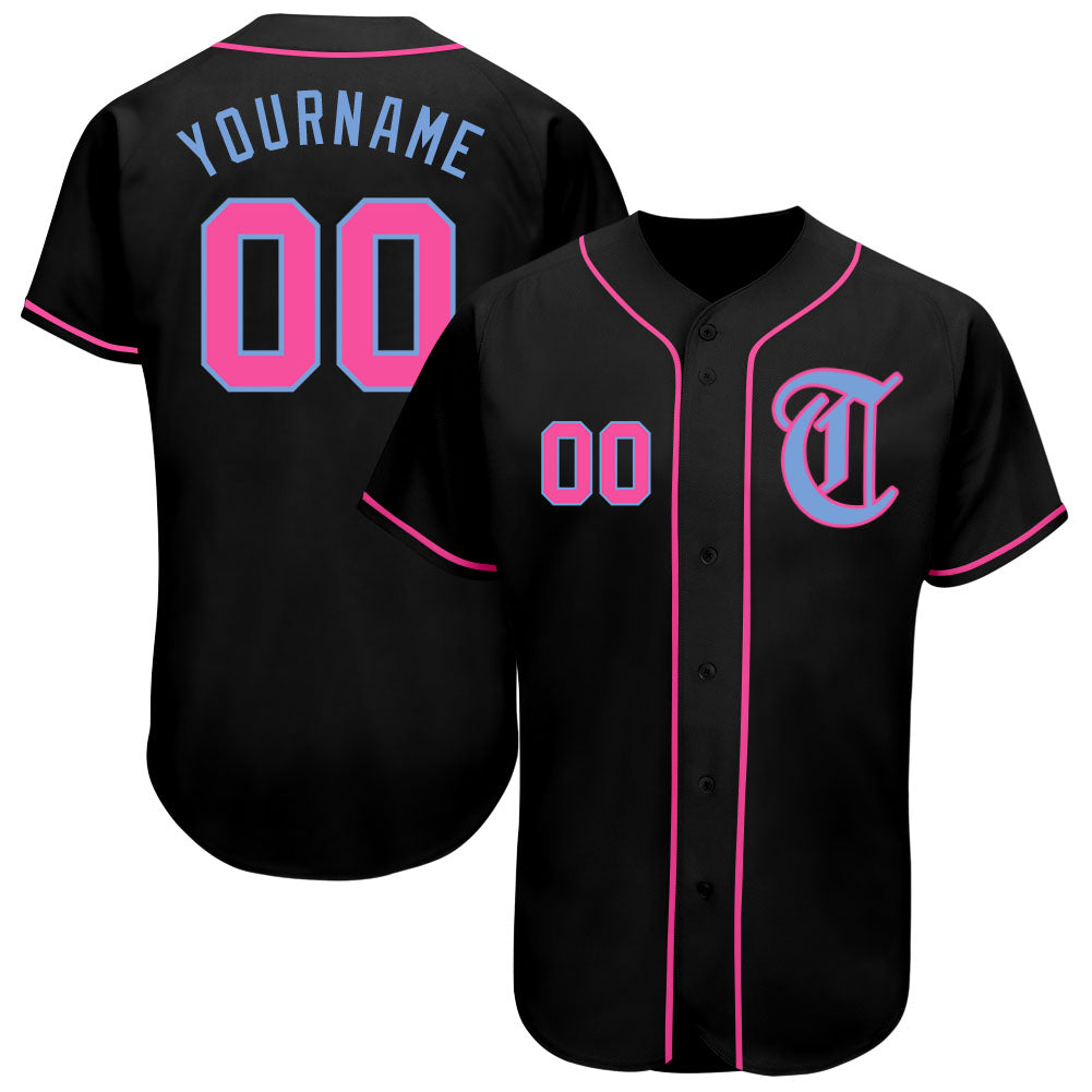 Custom Black Pink-Light Blue Authentic Baseball Jersey