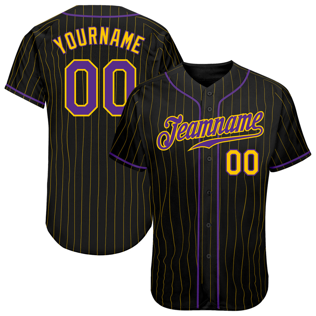 Custom Black Gold Pinstripe Purple-Gold Authentic Baseball Jersey