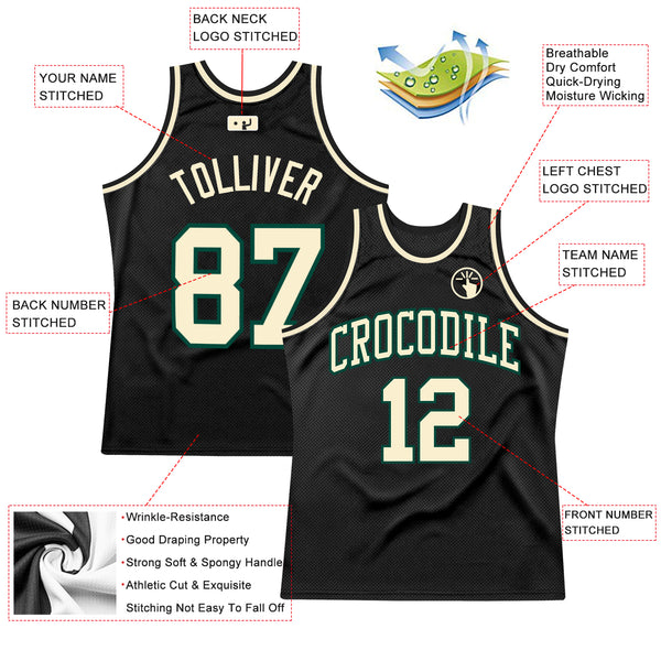 Custom Black Cream-Green Authentic Throwback Basketball Jersey