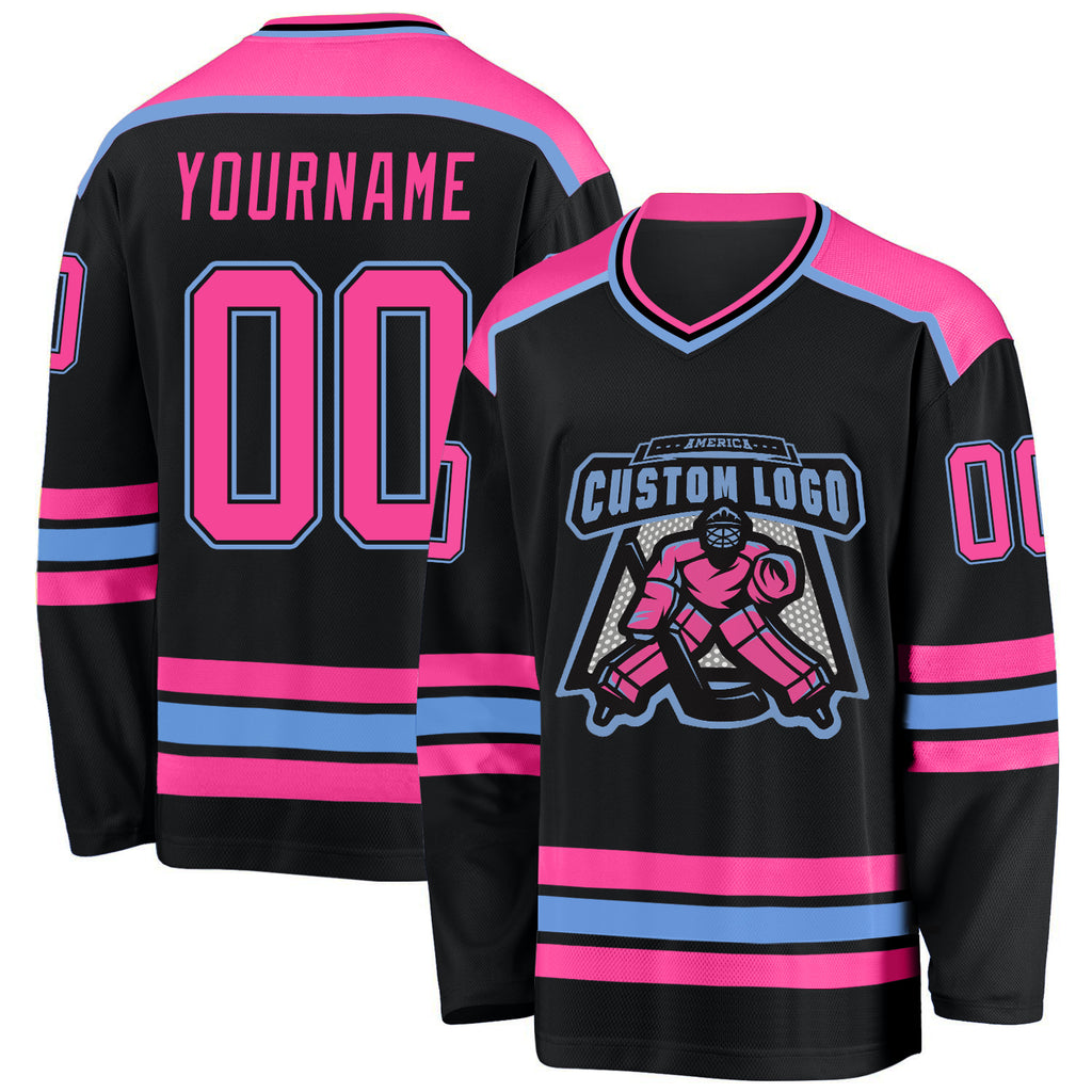Custom Black Pink-Light Blue Hockey Jersey