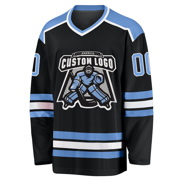 Custom Black Light Blue-White Hockey Jersey