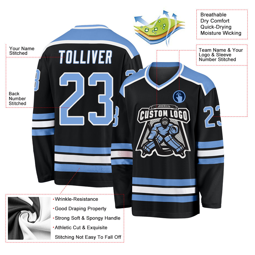Custom Black Light Blue-White Hockey Jersey