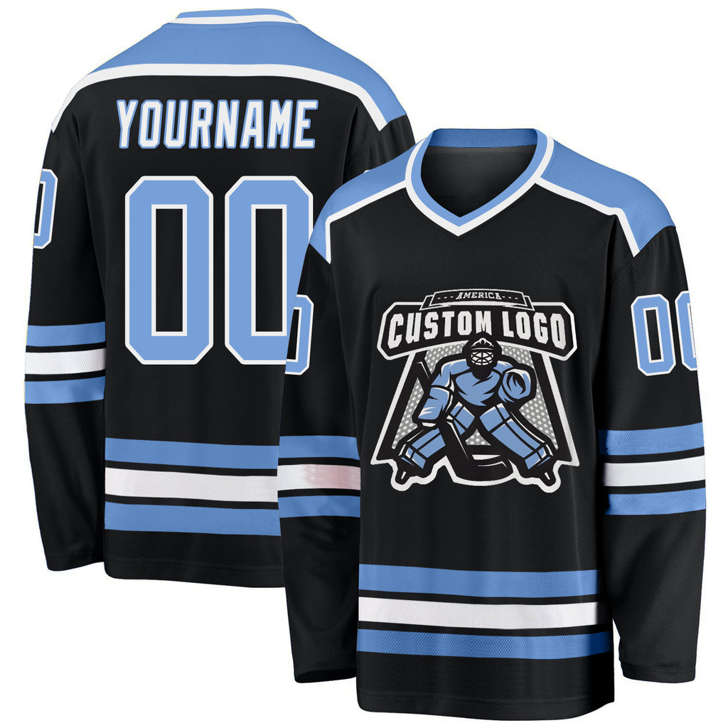 Custom Black Light Blue-White Hockey Jersey