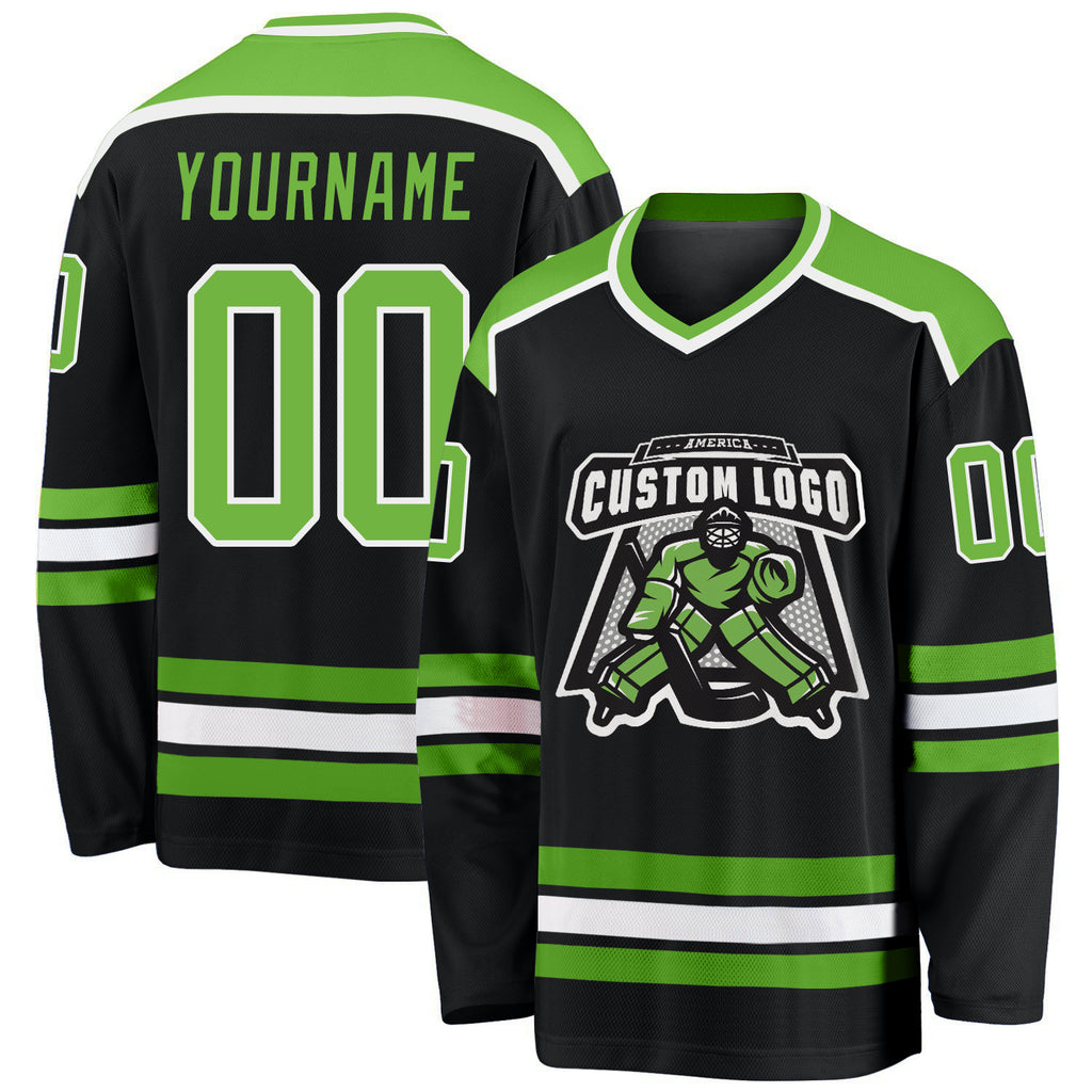 Custom Black Neon Green-White Hockey Jersey