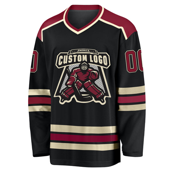 Custom Black Crimson-Cream Hockey Jersey