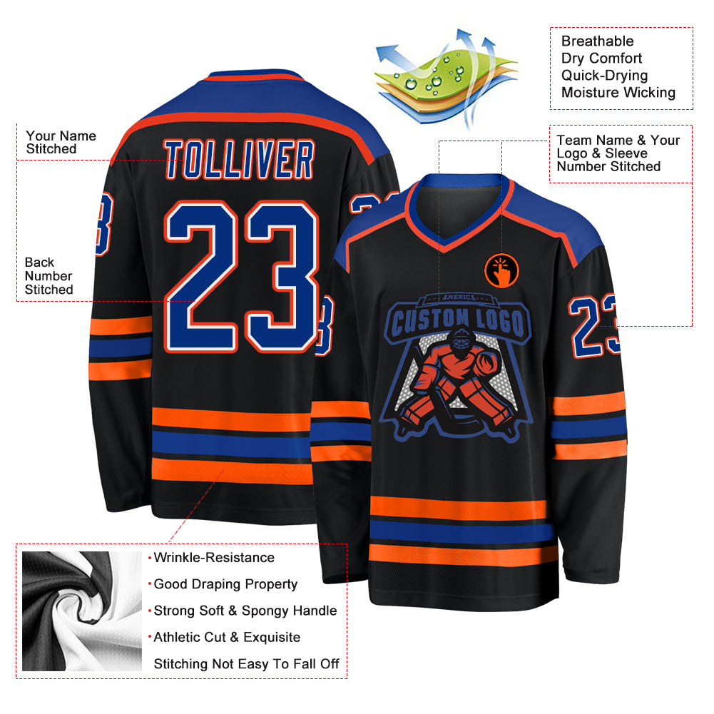 Custom Black Royal WhiteOrange Hockey Jersey Free Shipping Fiitg