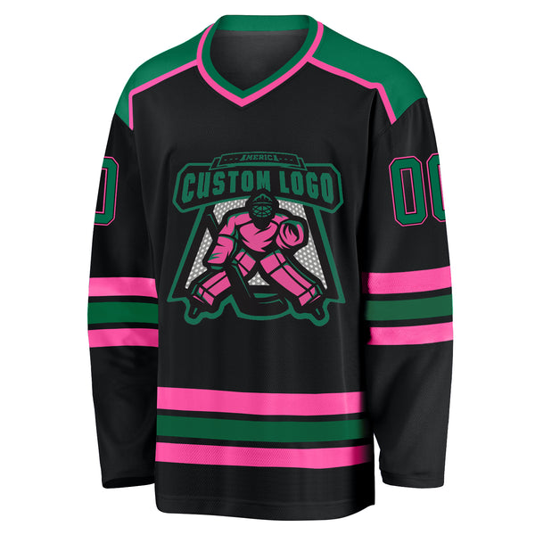 Custom Black Kelly Green-Pink Hockey Jersey