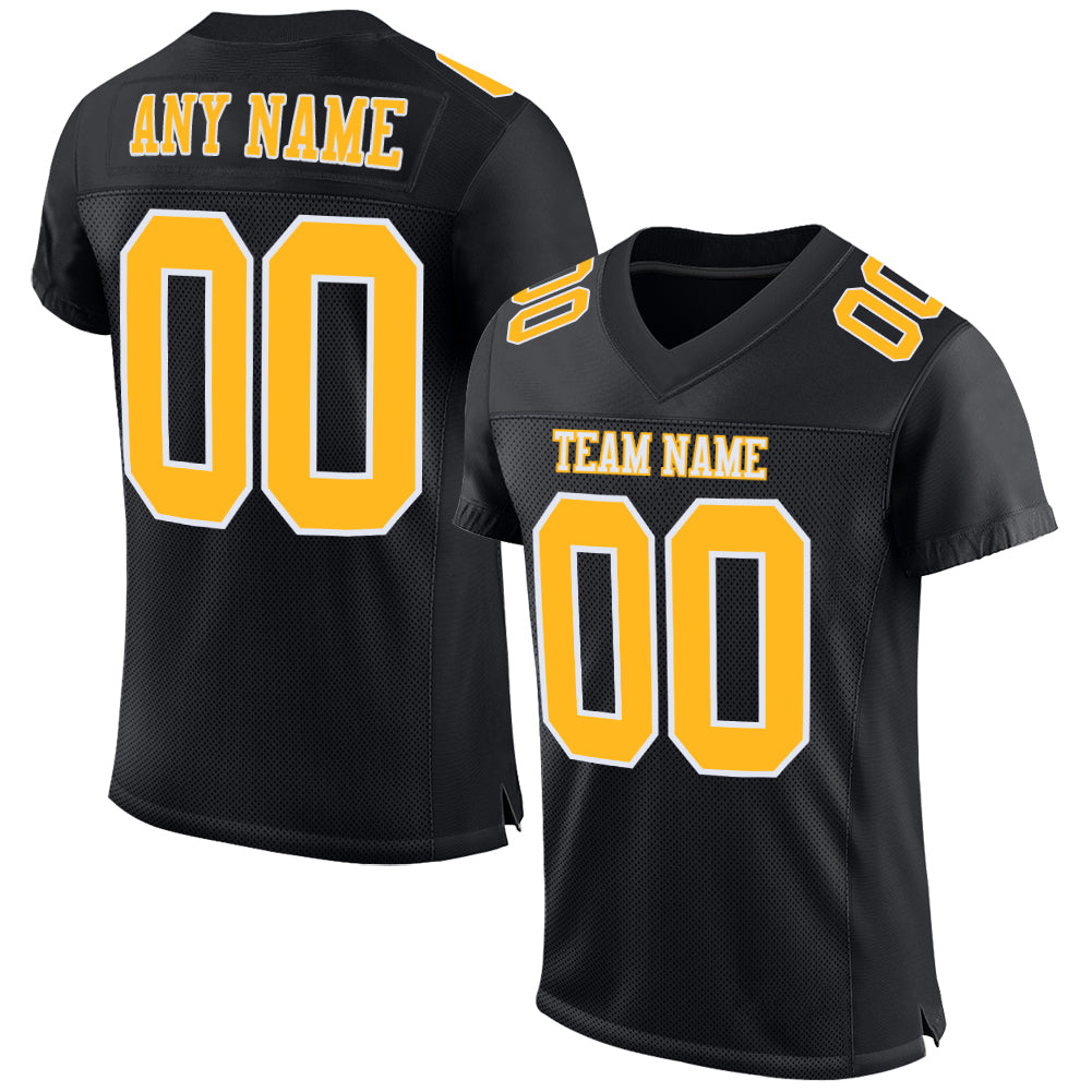 Custom Black Gold-White Mesh Authentic Football Jersey