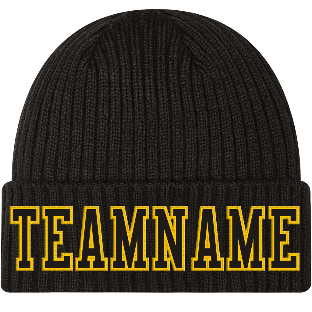 Custom Black Black-Gold Stitched Cuffed Knit Hat