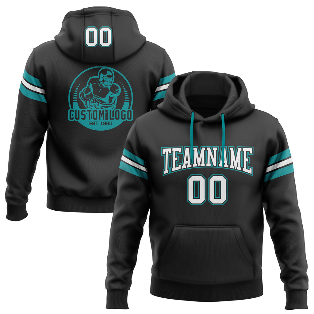 Custom Stitched Black White-Aqua Football Pullover Sweatshirt Hoodie