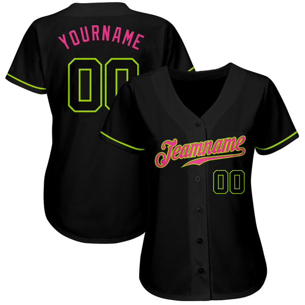 Custom Black Black Neon Green-Pink Authentic Baseball Jersey