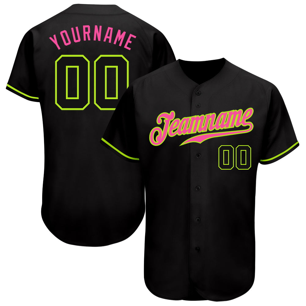 Custom Black Black Neon Green-Pink Authentic Baseball Jersey
