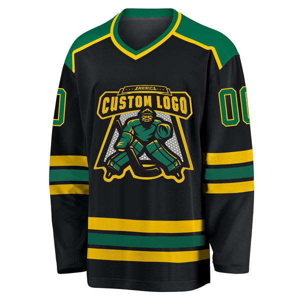 Custom Black Kelly Green-Gold Hockey Jersey