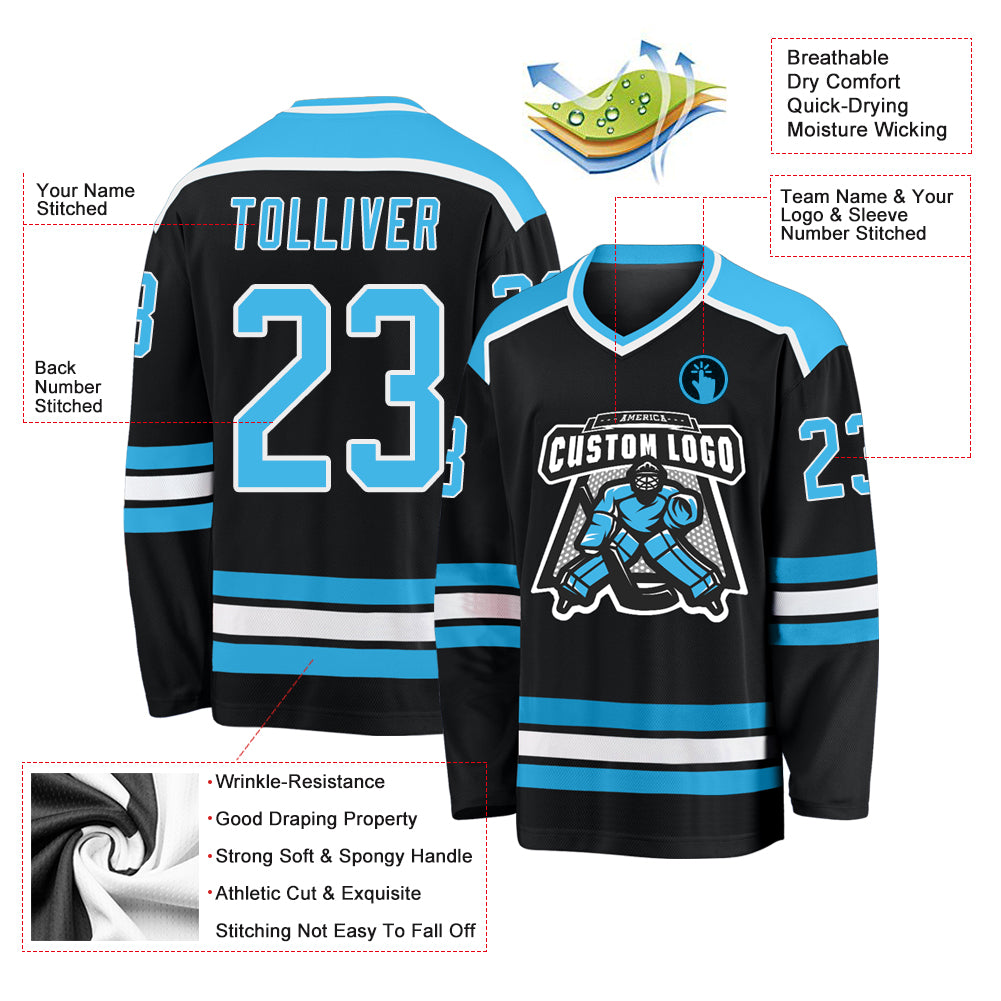Custom Black Sky Blue-White Hockey Jersey