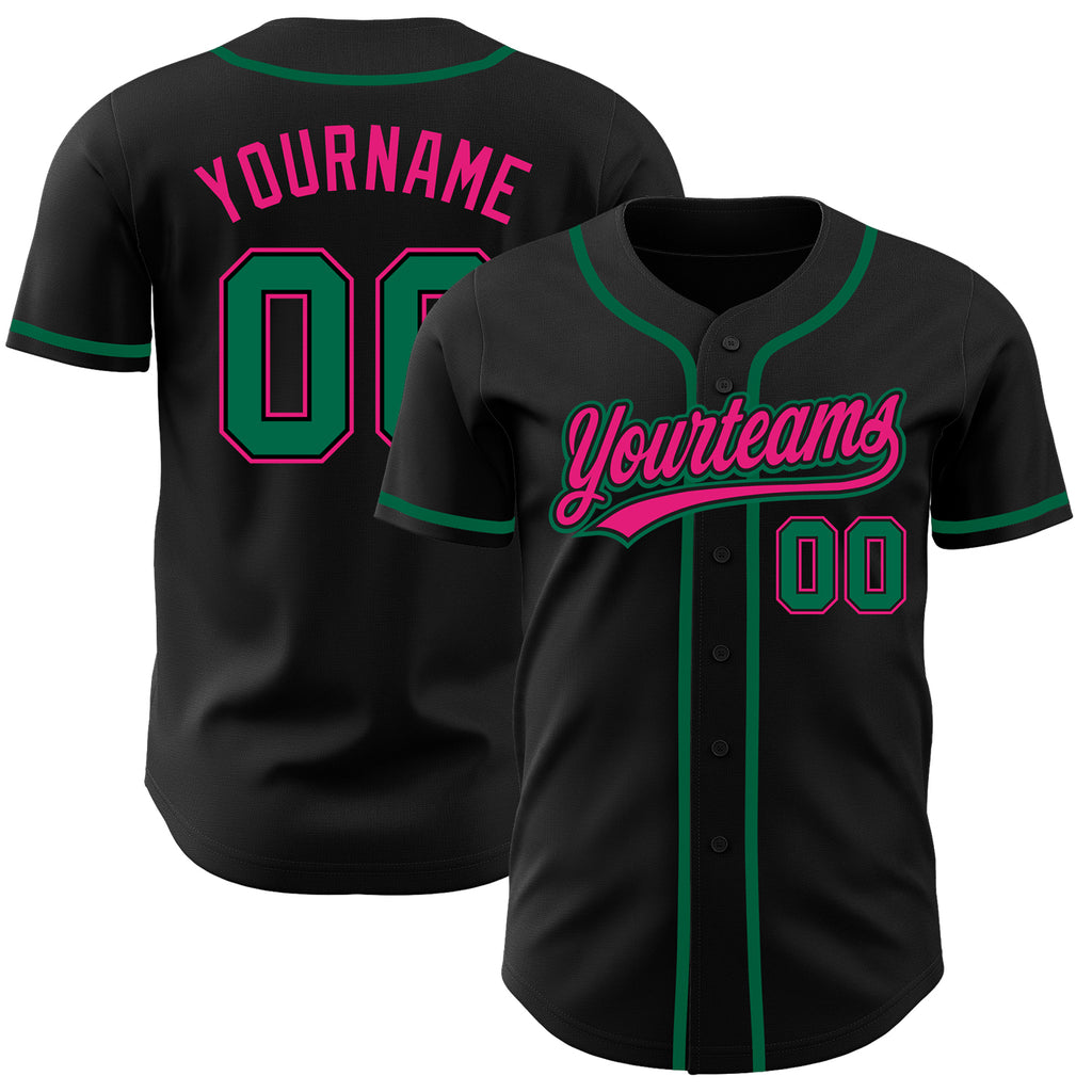 Custom Black Kelly Green-Hot Pink Authentic Baseball Jersey