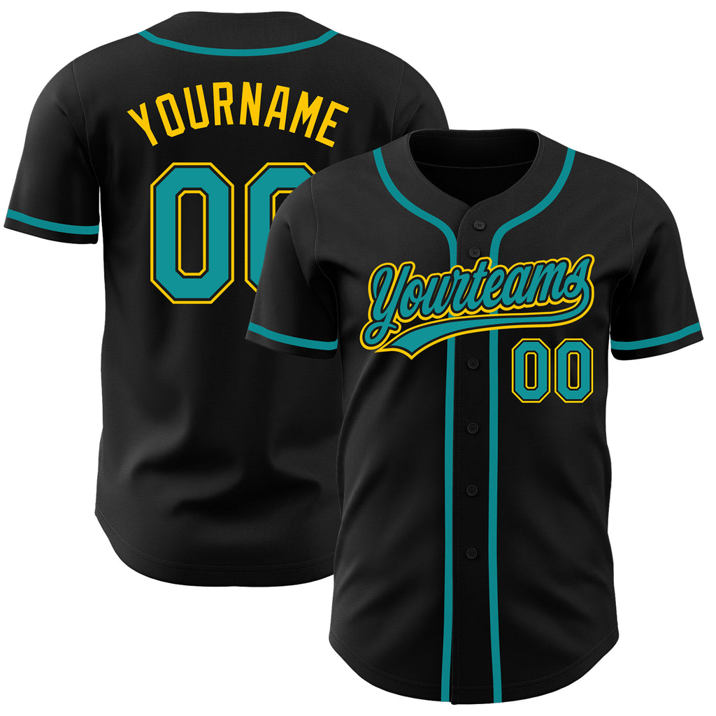 Custom Black Teal-Gold Authentic Baseball Jersey