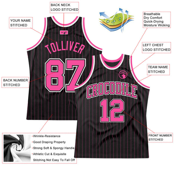 Custom Black Pink Pinstripe Pink-Black Authentic Basketball Jersey