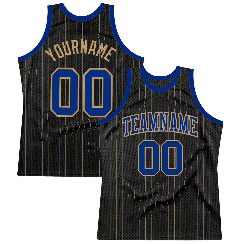 Custom Black Old Gold Pinstripe Royal-Old Gold Authentic Basketball Jersey