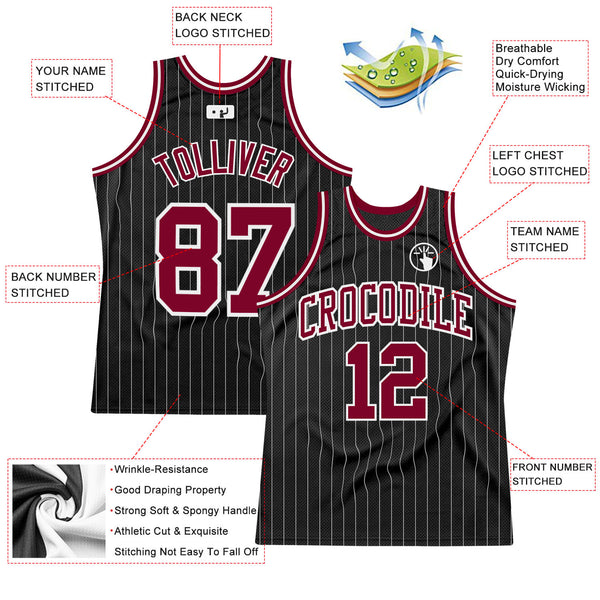 Custom Black White Pinstripe Maroon-White Authentic Basketball Jersey